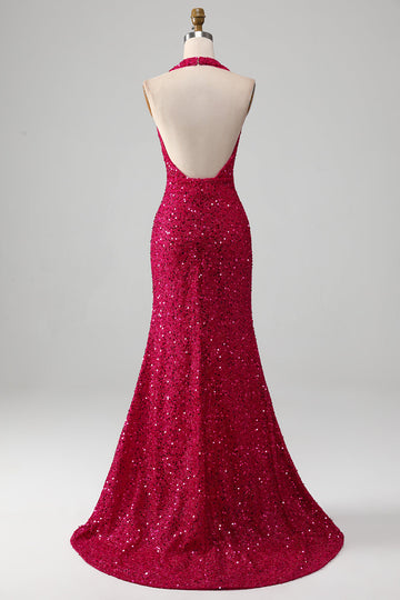 Fuchsia havfrue Halter paljett ballkjole med spalt
